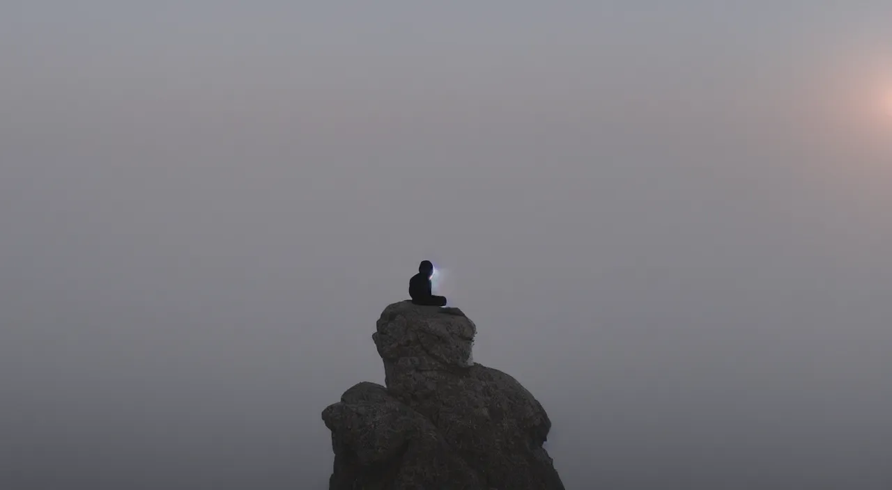 Image similar to a lonely silhouette of a meditating monk sitting in the fog on a stone protruding from the water in the rays of the morning sun, the focus of the camera on the monk, matthew snowden style.