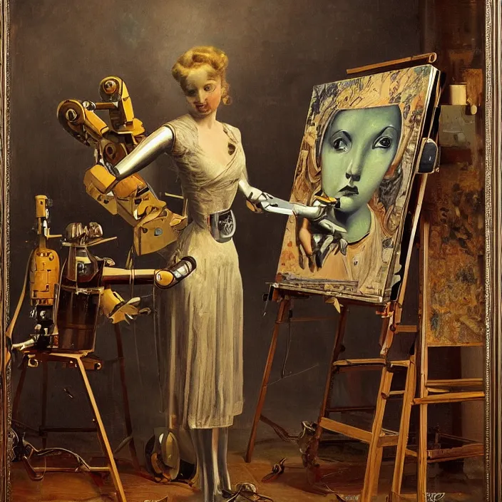 Image similar to robot artist painting a self - portrait on a canvas. intricate, highly detailed, digital matte painting, in the style of alexandros pyromallis, and in the style of hans thoma, and in the style of gil elvgren. irony, recursion, inspiration.