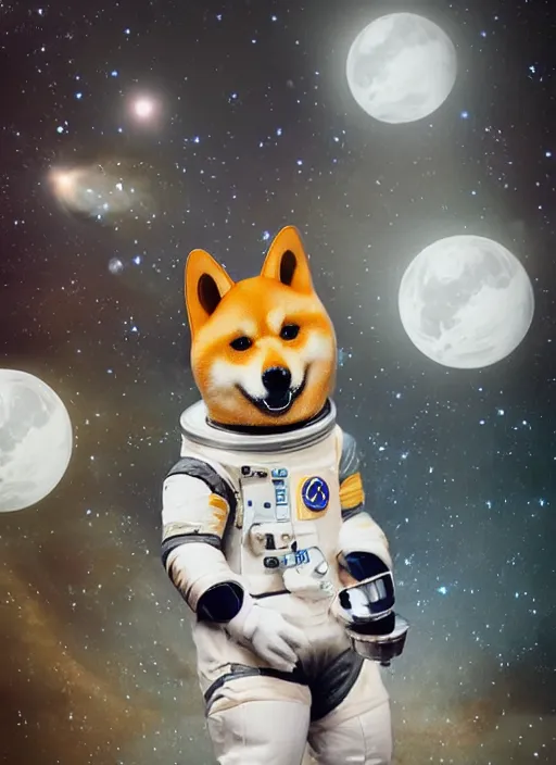 Prompt: a fantasy character with a cute shiba inu head and an astronaut body ， cinematic ， unreal 5 ， photography ， 5 5 mm ， aperture f 1. 4