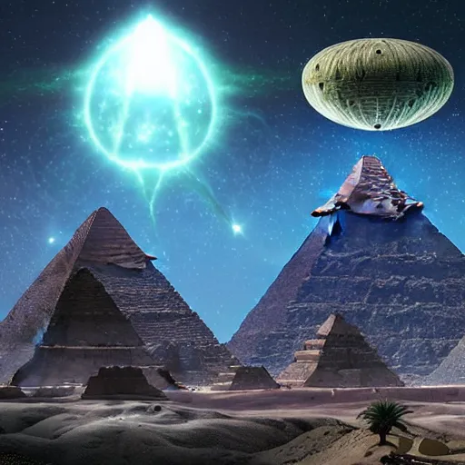 Image similar to ultrarealistic cgi aliens in a meeting of the galactic federation 1 5 0 0 0 years ago before matrix installation. realistic futuristic background unreal engine hyperdetailed photorealistik patterned robes. ancient pyramids with sacred geometry glowing scenery background in the style of android jones