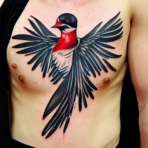 Prompt: ink tatoo, a swallow with a black beard wearing an athletic bilbao shirt, 4 k, masterpiece