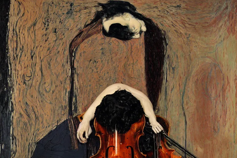 Image similar to portrait of a young cellist focusing with a background of hundreds of cellos by vincent lefevre and hernan bas and pat steir and hilma af klint, psychological, symmetrical face, dripping paint, rendered in octane, altermodern, masterpiece