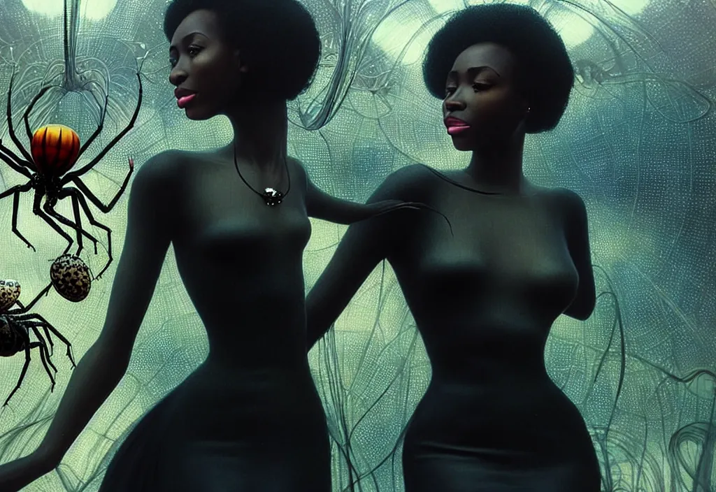 Image similar to realistic detailed portrait movie shot of a single beautiful black woman in a transparent sheer fabric dress dancing with a giant spider, futuristic sci fi landscape background by denis villeneuve, monia merlo, yves tanguy, ernst haeckel, alphonse mucha, max ernst, caravaggio, roger dean, sci fi necklace, masterpiece, dreamy, rich moody colours