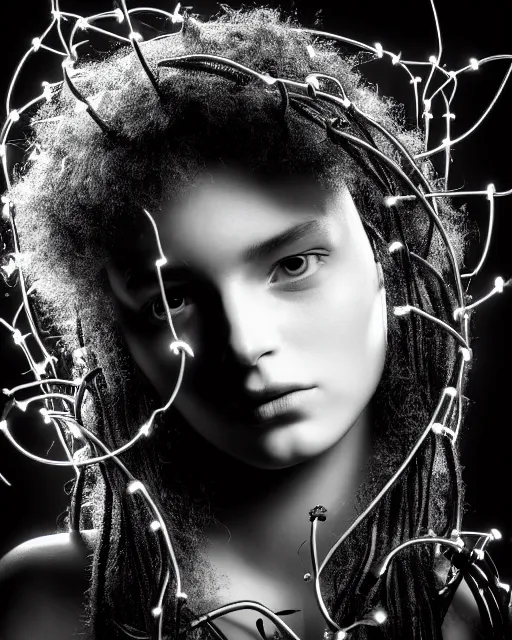 Prompt: black and white young cyborg - plant goddess high quality photo, microchip, artificial intelligence, bio - mechanical bio - luminescence, black wired cables, cinematic, rim light, photo - realistic, 8 k, in the style of steven meisel and dora maar and h. g. giger