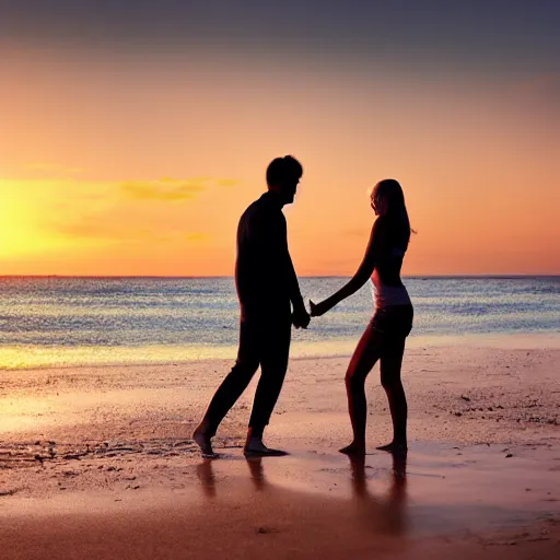 Prompt: Slim silhoutte of a couple on the beach, sunrise, ray tracing, uplifting mood, happiness, majestic, 16k