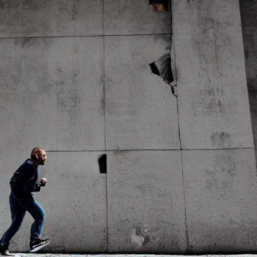 Prompt: a giant man running through a wall, coherent image, no flaws