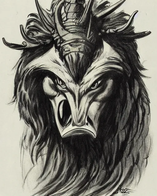 Prompt: a creature with the body and eyes of a man, with the beak of an eagle instead of a nose, with the mane of a lion, with two horns of an ox on the head. drawn by frank frazetta