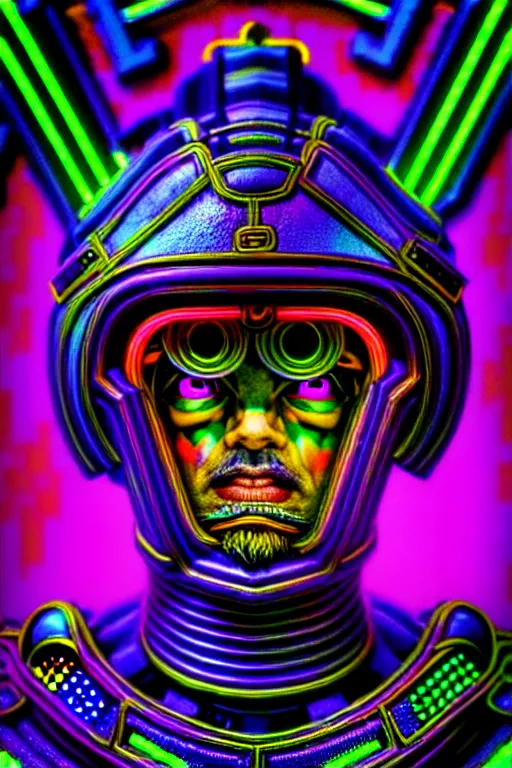 Image similar to maximalist detailed neon knight portrait. lowbrow scifi artwork by kidsquidy ø - cult and subjekt zero. ray tracing hdr polished sharp in visionary psychedelic fineart style inspired by ben ridgway and igor goryunov