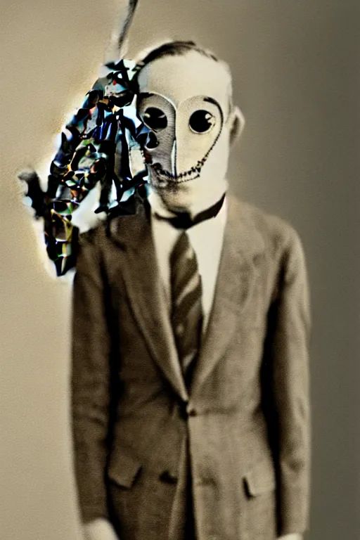 Image similar to anthropomorphic locust, wearing a suit, vintage photograph, sepia