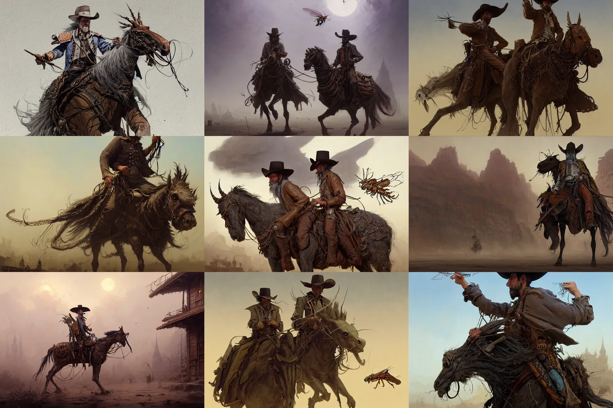 Prompt: A very highly detailed cowboy wizard with a highly detailed face with spellbooks and potions riding on a very higly detailed horse-sized grasshopper insect on the street of a wild west town digital rational painting art by Greg Rutkowski, sci-fi highly detailed, digital concept art, sharp focus, realistic concept art by Stephen Hickman and James Gurney and Hiromasa Ogura Ghost in the Shell rendered in Octane Render, From the distance