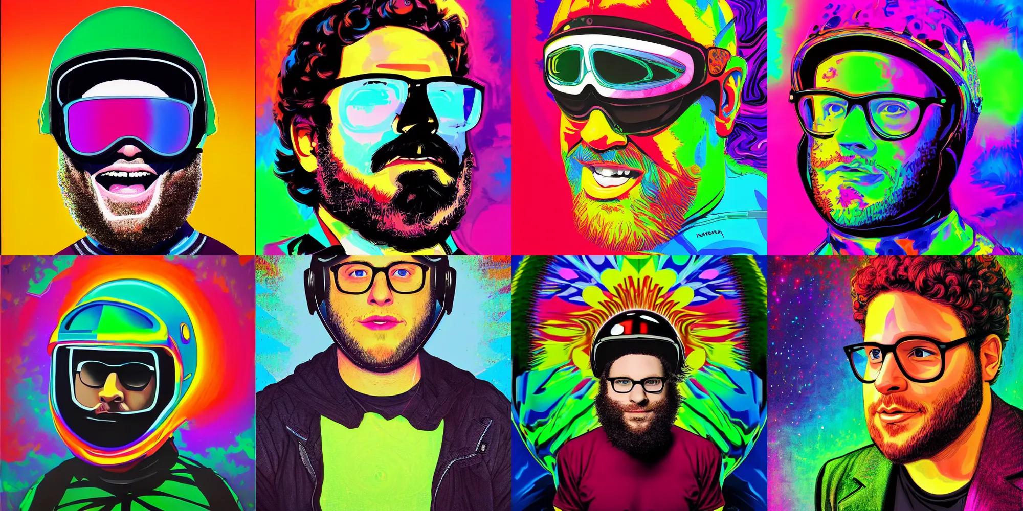 Prompt: seth aaron rogen in black moto helmet, trippy, vibrant color, chromatic, portrait, digital paint, realistic, 1 9 7 0 s