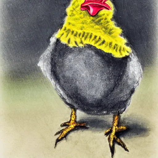 Image similar to A chicken wearing a scarf,