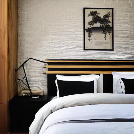 Image similar to bedroom, interior design, stylish luxury hotel bedroom design, yakisugi, black vertical slatted timber, textures, feminine, black walls, art, Japanese pottery vase with flowers, kakejiku Japanese scroll, seasonal, Japanese influences