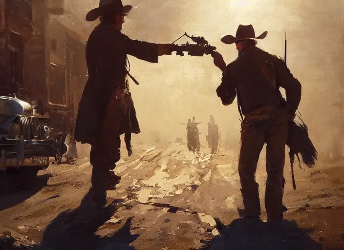 Image similar to oil painting of old rugged cowboy in wild west street aiming his gun, shooting revolver, shoot gun, gun smoke, art by anders zorn, wonderful masterpiece by greg rutkowski, beautiful cinematic light, american romanticism by greg manchess, reflections in copper, sunlight, dust and steam