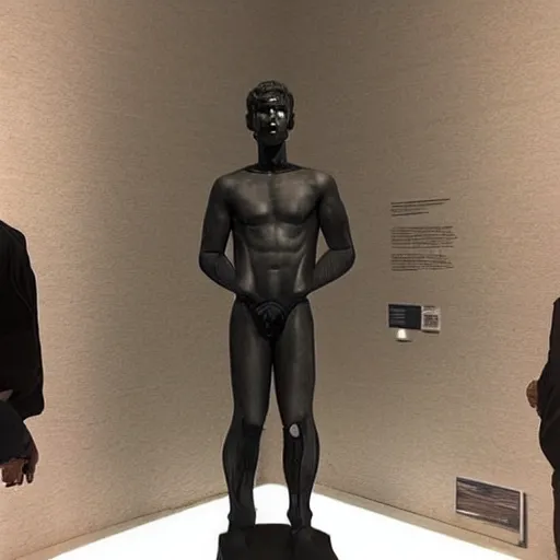 Image similar to “ a realistic detailed photo of a guy who is an attractive humanoid who is half robot and half humanoid, who is a male android, actor liam hemsworth, shiny skin, posing like a statue, blank stare, at the museum, on display ”