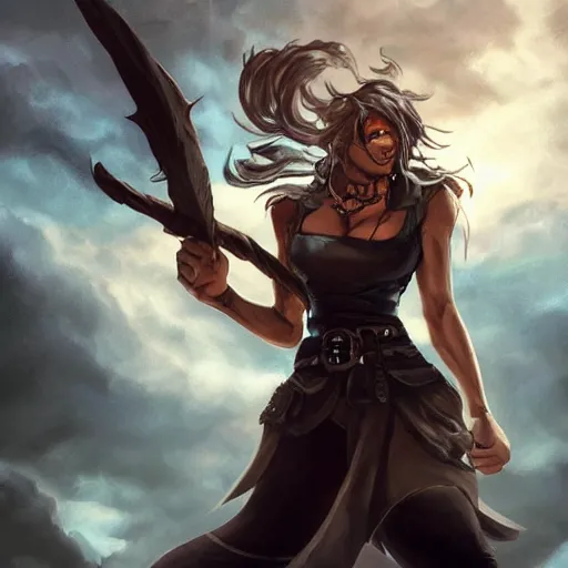 Prompt: a strong pirate woman in a sleeveless vest, angry, black lines running up her arms, grieving, storm in the background, long dark hair, wielding a shadowy axe, character art, full body art, Dungeons and Dragons, D&D, trending on artstation, artgerm, 4k ultra hd, sharp focus, digital art by Ilya Kuvshinov and Ross Tran,