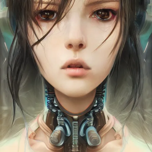 Prompt: a realistic detailed beautiful portrait of a cybernetic oversize anime girl, cyberpunk concept art, digital art, highly detailed, intricate, sci-fi, sharp focus, Trending on Artstation HQ, deviantart, unreal engine 5, 4K UHD image, hyperrealistic, photorealistic, art by artgerm and greg rutkowski and alphonse mucha