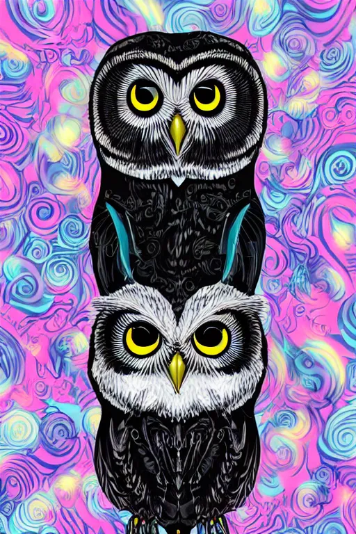 Image similar to cute little owl wearing black biker jacket, portrait photo, backlit, studio photo, pastel swirls background