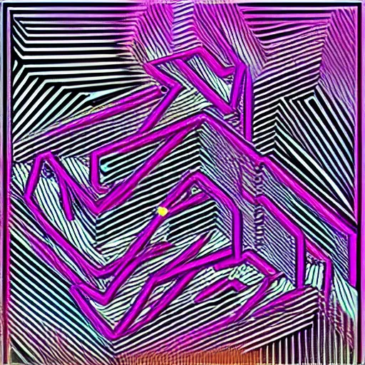 Image similar to synthwave generative art of lines forming the bodies of dancing people in the style of MC Escher