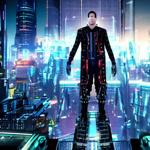 Image similar to a man dressed in cyberpunk style clothing standing on top of a raised platform, futuristic city in the background