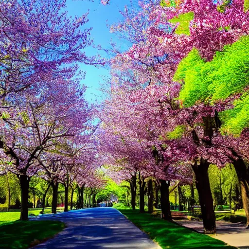 Image similar to a landscape of spring in the big city, trees are filled with color with flowers and plantlife blooming with vigor and grace