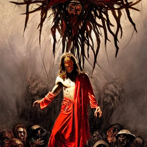 Image similar to painting of Jesus descending into hell in the style of Dante's Inferno, surrounded by a vivid silver light, flowing royal robes with goly inlay, crown of thorns spotted with blood upon his head, stern expression with a chiseled jaw and fiery eyes, by Jeremy Mann, stylized, detailed, realistic, loose brush strokes, intricate, beautiful