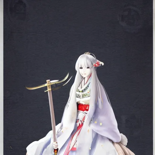 Prompt: full body shot of a japanese princess young lady, beauty, with a long white, white hair, ganyu cosplay, artwork by Akihiko Yoshida