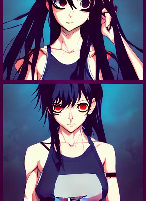 Prompt: style of madhouse anime, rei hiroe, loish, artgerm, joshua middleton, revy from black lagoon, symmetrical eyes and symmetrical face, jean shorts, white tank top, middle shot, action pose, on a boat, smirk on face, evening, natural lighting