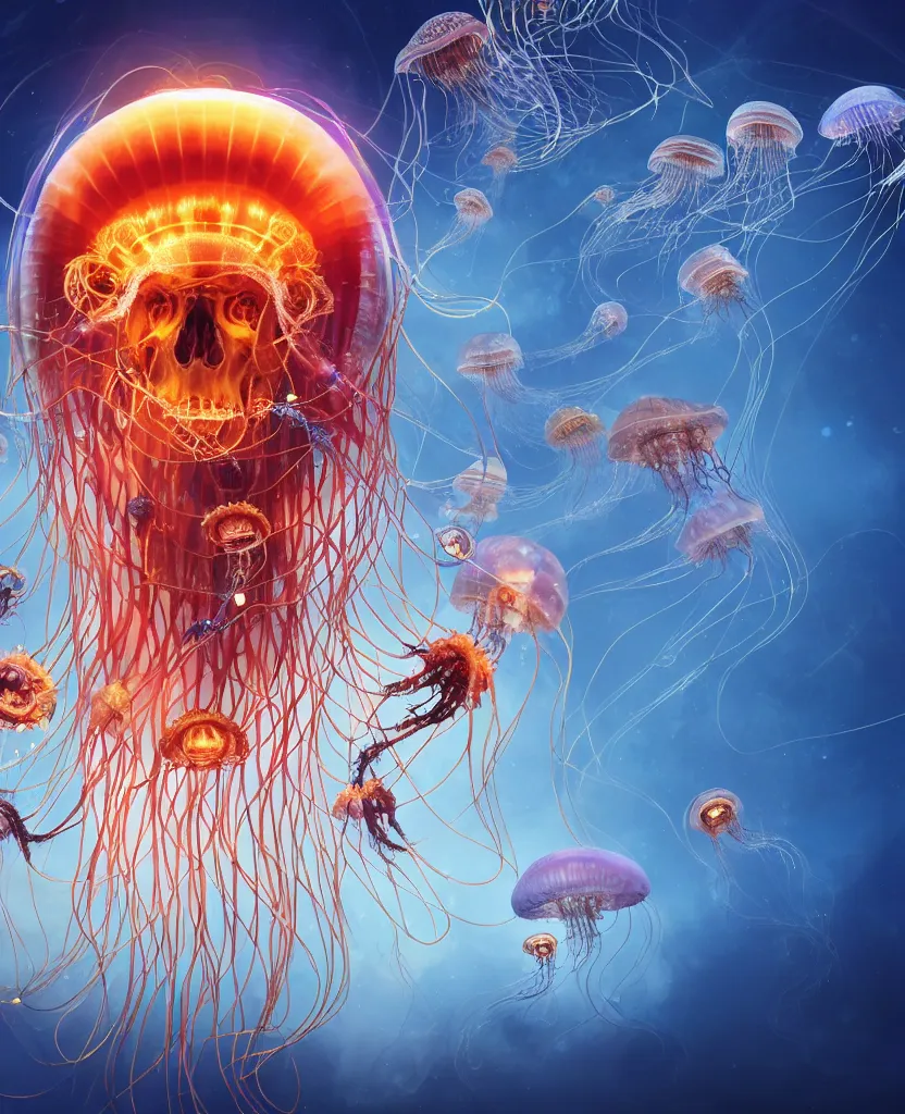 Image similar to close-up portrait of the face of a beautiful princess in a twisted flowers jellyfish mask in a spaceman suit surrounded by energy flow, epic angle and pose, symmetrical artwork, 3d with depth of field, blurred background, floating jellyfish skull phoenix bird, translucent, nautilus, energy flows of water and fire. a highly detailed epic cinematic concept art CG render. made in Maya, Blender and Photoshop, octane render, excellent composition, cinematic dystopian brutalist atmosphere, dynamic dramatic cinematic lighting, aesthetic, very inspirational, arthouse. y Greg Rutkowski, Ilya Kuvshinov, WLOP, Stanley Artgerm Lau, Ruan Jia and Fenghua Zhong