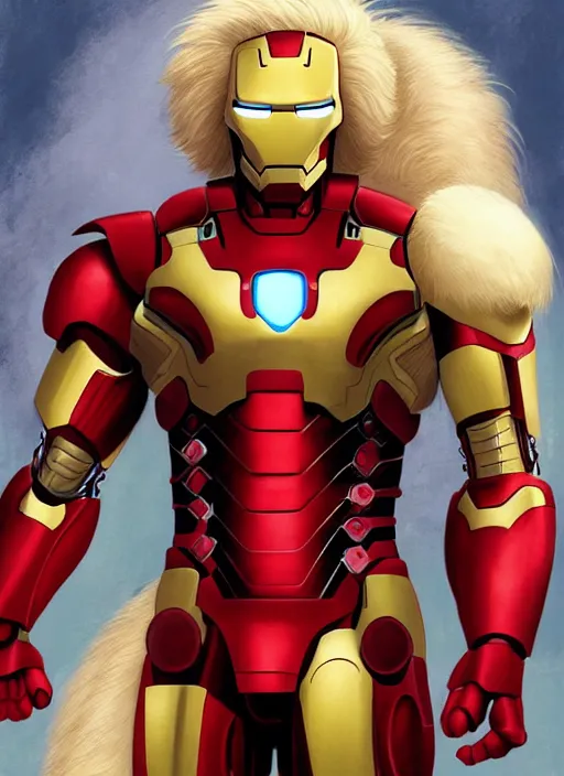 Image similar to aesthetic portrait commission of a of a male fully furry muscular anthro albino lion wearing attractive iron man suit. Character design by charlie bowater, ross tran, artgerm, and makoto shinkai, detailed, inked, western comic book art, award winning film poster painting