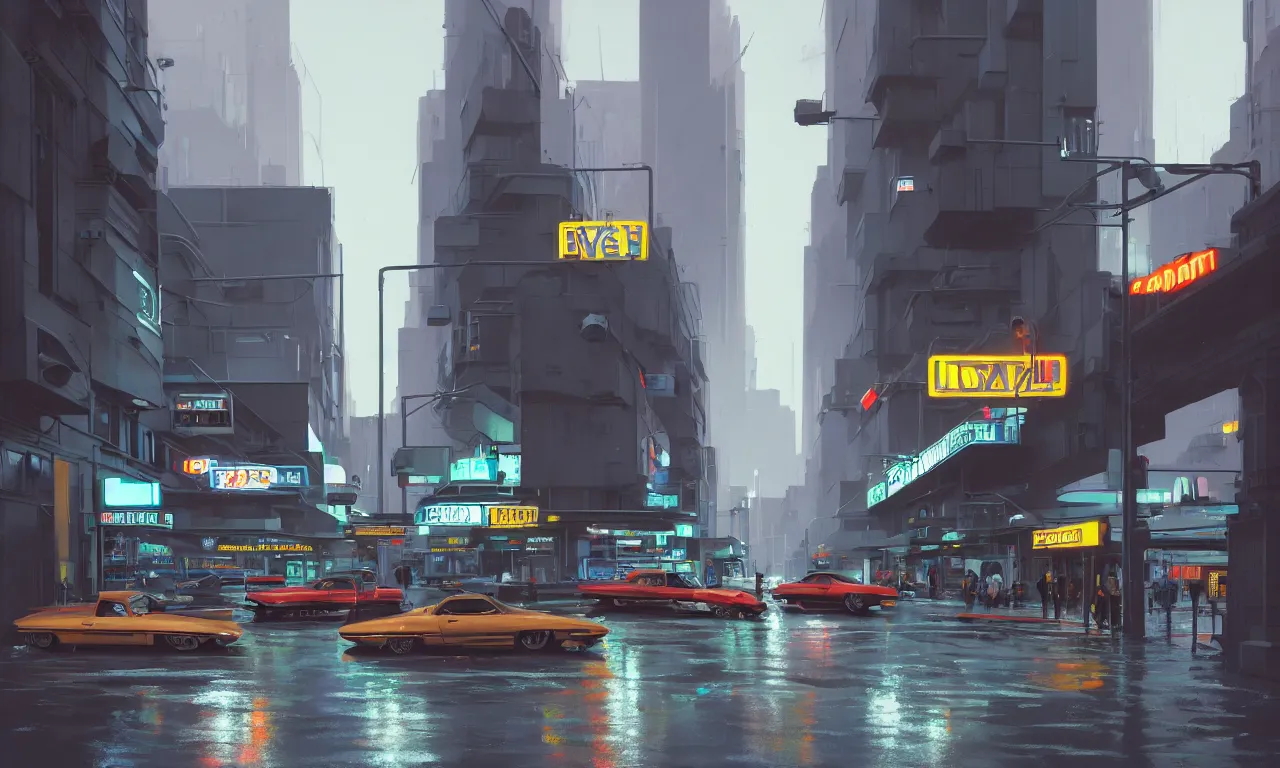 Image similar to photorealistic streetscape, simple brutalist architecture, metal, concrete, wet streets, white neon lights, colorful neon signs, flying vehicles, pedestrians, syd mead, ralph mcquarrie, doug chiang, concept art, matte painting, finely detailed, minimal artifacts, rule of thirds, dynamic lighting, cinematic, denoised, centered, artstation