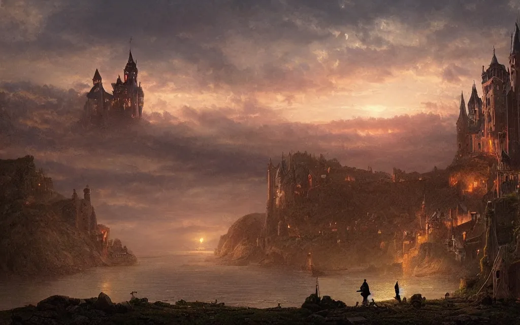 Prompt: large grand medieval castle at dawn, on a hill, small town surrounding, steampunk, ocean in the distance, cinematic lighting, intricate ink illustration, by albert bierstadt