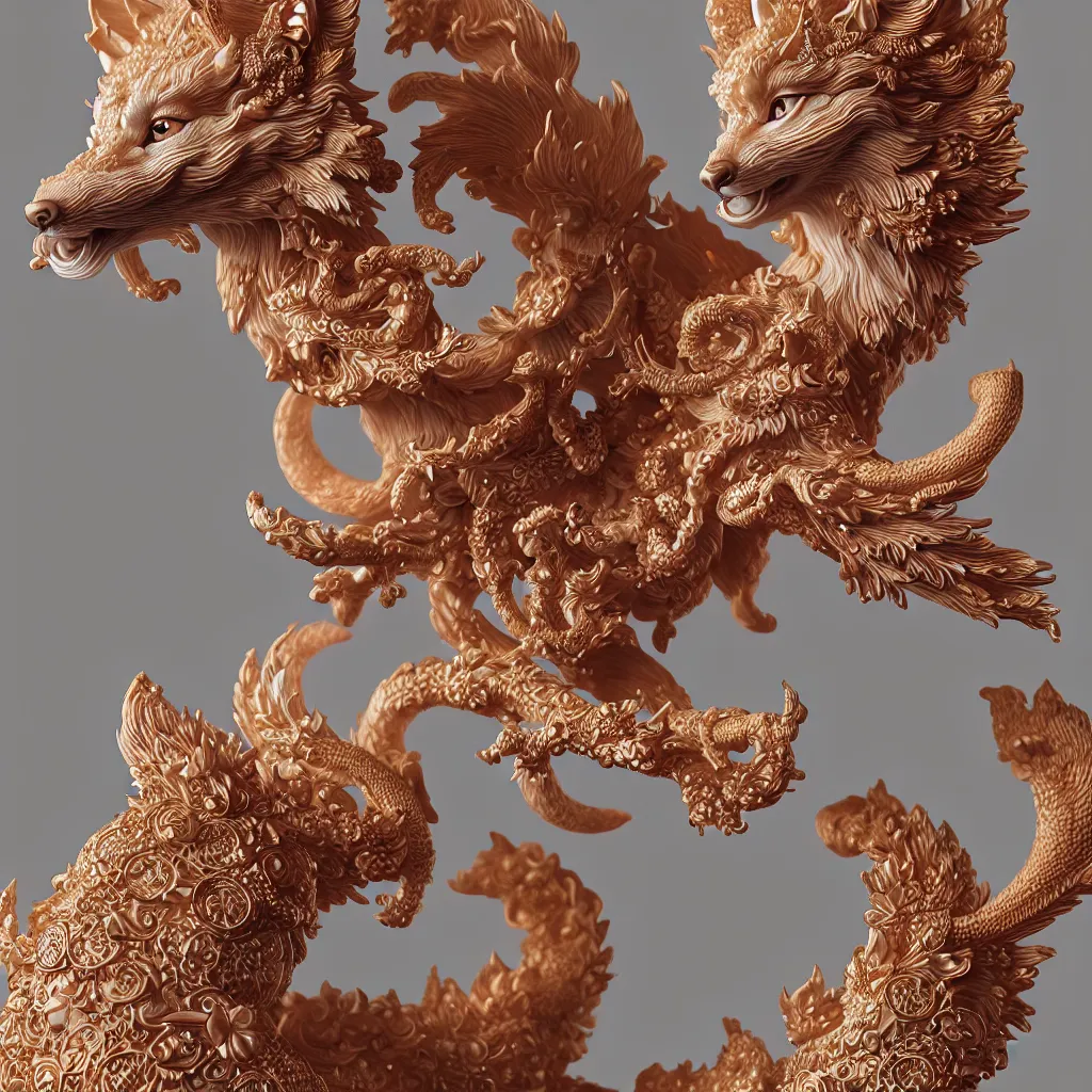 Image similar to a closeup photo - real delicate ceramic porcelain sculpture of an ornate detailed kitsune in front of an intricate background by rafael, micro detail, backlit lighting, subsurface scattering, translucent, thin porcelain, octane renderer, colorful, physically based rendering, trending on cgsociety