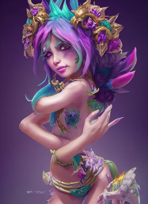 Image similar to neeko, from league of legends, au naturel, hyper detailed, dragon tailed, digital art, trending in artstation, cinematic lighting, studio quality, smooth render, unreal engine 5 rendered, octane rendered, art style by klimt and nixeu and ian sprigger and wlop and krenz cushart