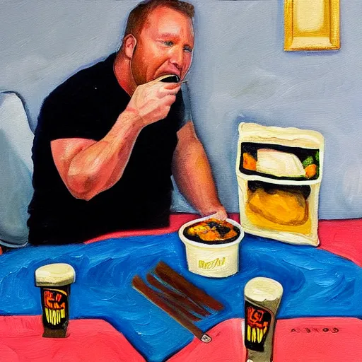 Prompt: alex jones eating burritos, oil painting