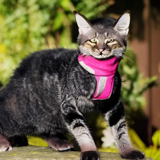 Prompt: a dwarf tabaxi, black fur, wearing pink flip flops, laughing hysterically