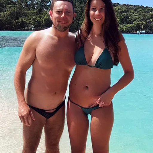 Prompt: photo of a 4 0 year old man that looks young for his age dating a very attractive 2 2 year old woman wearing a bikini. he was 1 8 when she was a newborn baby