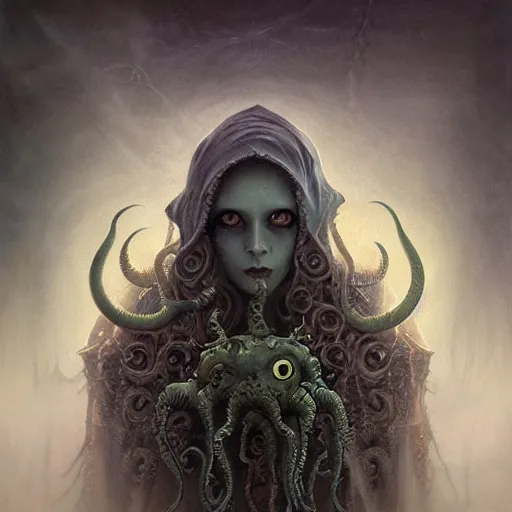 Image similar to curiosities from cthulhu, soft paint of a single curvy beautiful necromancer of madness and insanity in full mage armor, symmetry accurate features, eyeballs, vegetation tentacles, dense volumetric fog, focus, very intricate ultrafine details, gloomy colors, award winning masterpiece, tom bagshaw artstyle