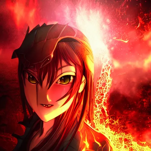 Image similar to portrait focus of demon beautiful 3D anime girl, Molten lava armor wearing, dark volcano background, ash falling, bokeh, inspired by Masami Kurumada, digital painting, high contrast, unreal engine render, volumetric lighting, high détail