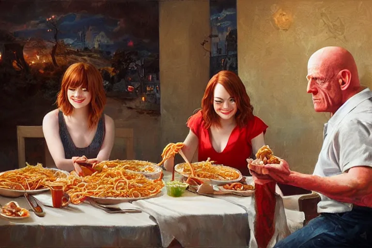 Image similar to emma stone having a spaghetti dinner with michael berryman, an oil painting by ross tran and thomas kincade