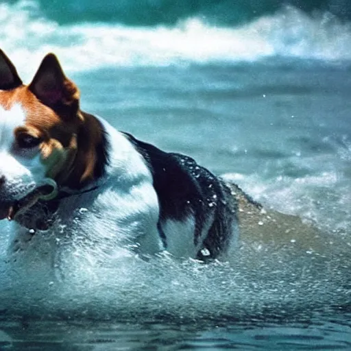 Image similar to dog emerging from the water cool cinematic movie realistic beautiful water