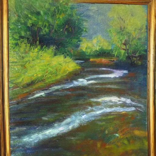 Image similar to a beautifully detailed impressionist painting of a winding river, oils on canvas