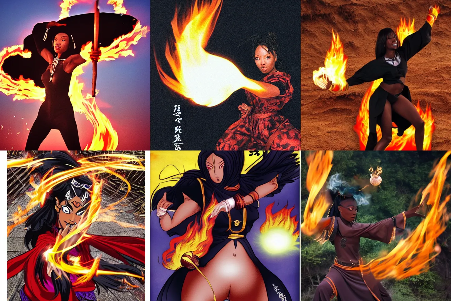 Prompt: Sakimichan style : the black sorceress casting a fire ball