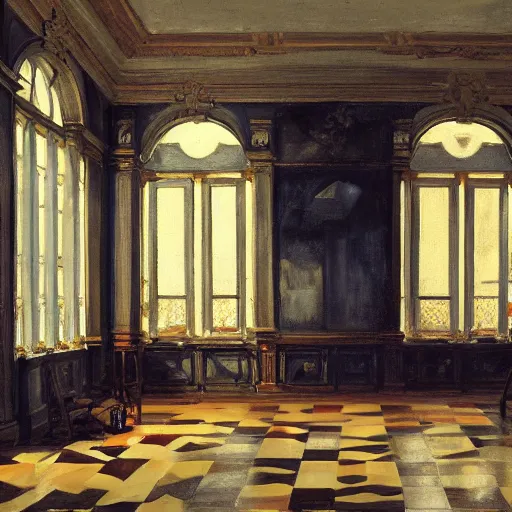 Prompt: a beautiful painting of a victorian arcade room by Antoon Van Dyck, trending on Artstation