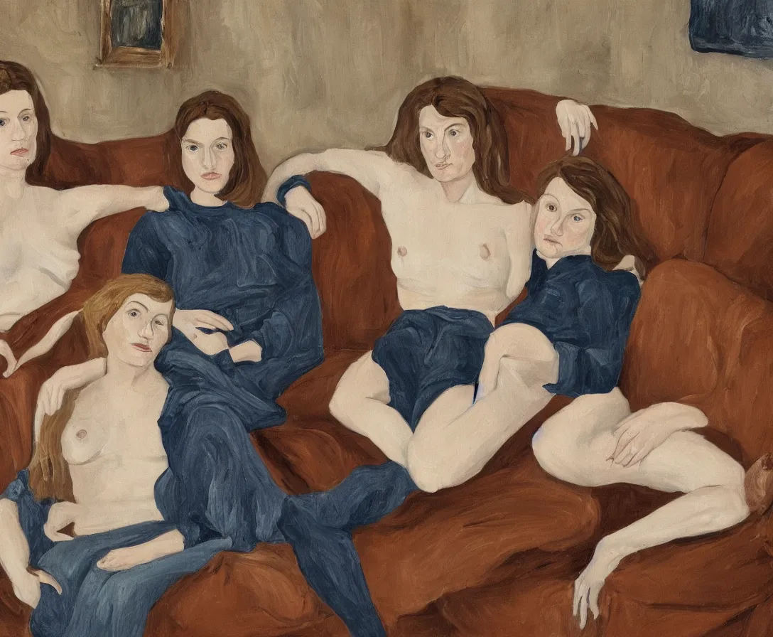 Image similar to two women, in an old english apartment on a brown leather sofa. one is wearing a dark blue sweather, the other a white shirt. brown hair, they are looking into the camera. wide shot. in the style of lucien freud. oil painting.