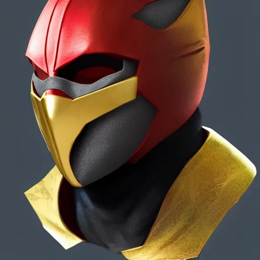 Prompt: portrait of a hero wearing a red mask covering his entire head, only his totally white eyes and mouth are visible, cyan background, golden cape, golden ear buds, golden eye rims, artstation, digital art, opengl