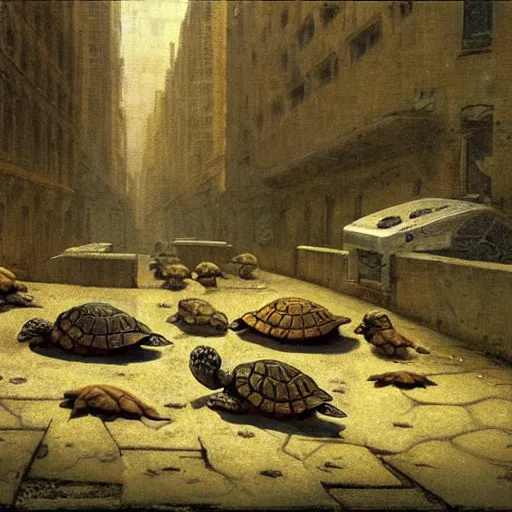 Image similar to turtles in ruined city of Atlantis , by Michael Sowa