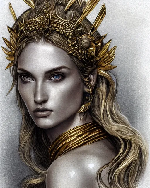 Image similar to tattoo sketch of beautiful super model aphrodite greek goddess wearing a gold laurel wreath and triangle earrings, beautiful piercing gaze with sharp pupils, beautiful blonde hair, in the style of greg rutkowski, fantasy, amazing detail, epic, elegant, smooth, sharp focus, front view