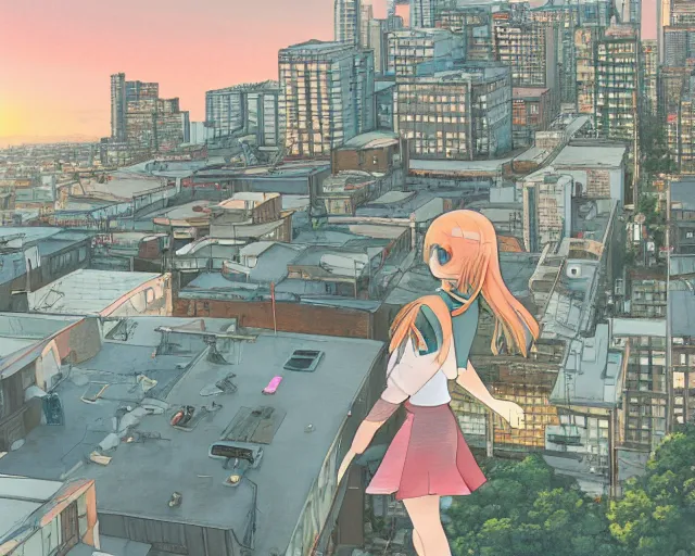 Image similar to teen standing on the roof of a building, sunset, bird eye view, fisheye view, illustration, by pine ( ハイネ ) and 薯 子 imoko and 香 川 悠 作 and wlop and maya takamura, highly detailed, trending artstation, pixiv, digital art