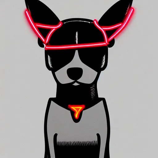 Image similar to neon noir portrait of a small cyborg dog, illustration